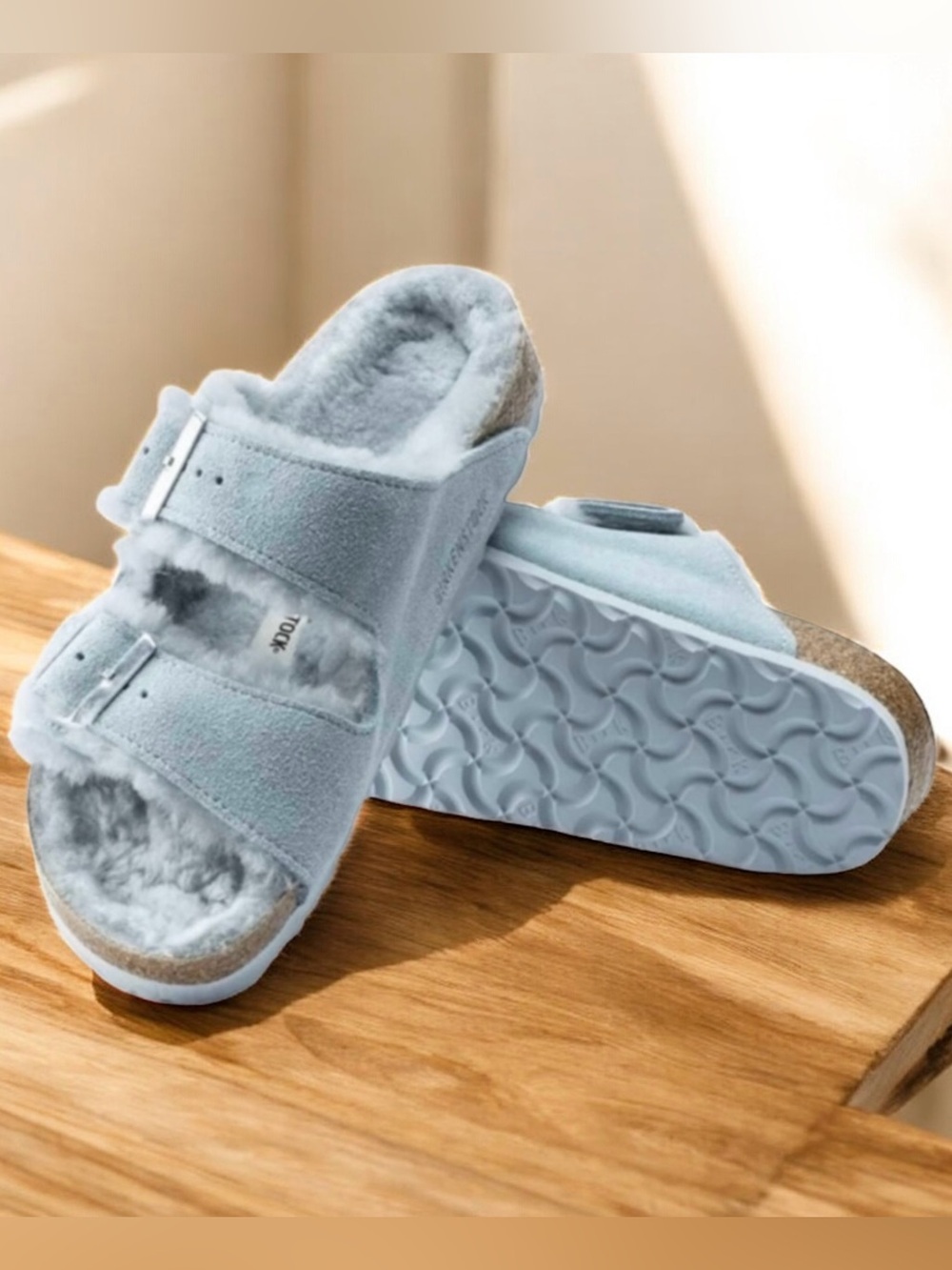 Birkenstock Shearling Arizona Sandals Suede Blue Slides